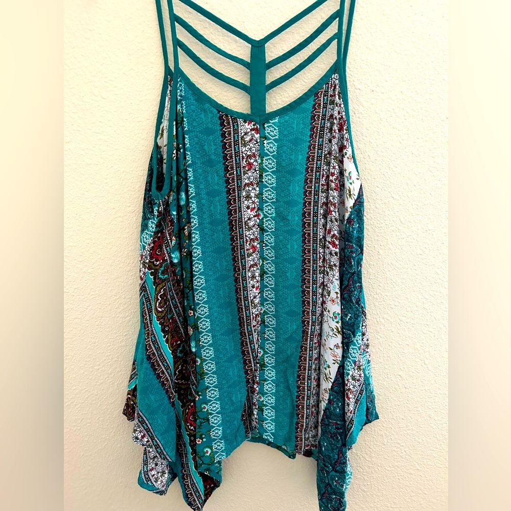Floral sleeveless tunic by Kori America, Size Medium. Teal, predominant color.